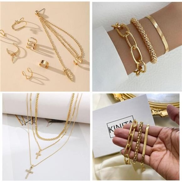 73 Pcs Gold Jewelry Set with 6Pcs Layered Necklace, 11 Pcs anklet and 7Pcs - Picture 5 of 8